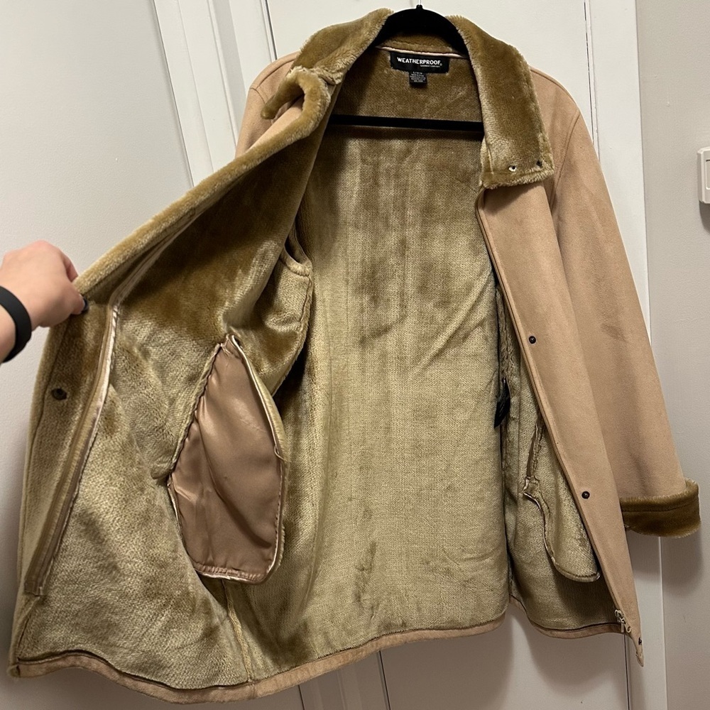 Weatherproof L Soft Faux Fur Lined Jacket Coat Collared Tan Zip Snaps Pocket - Picture 4 of 9